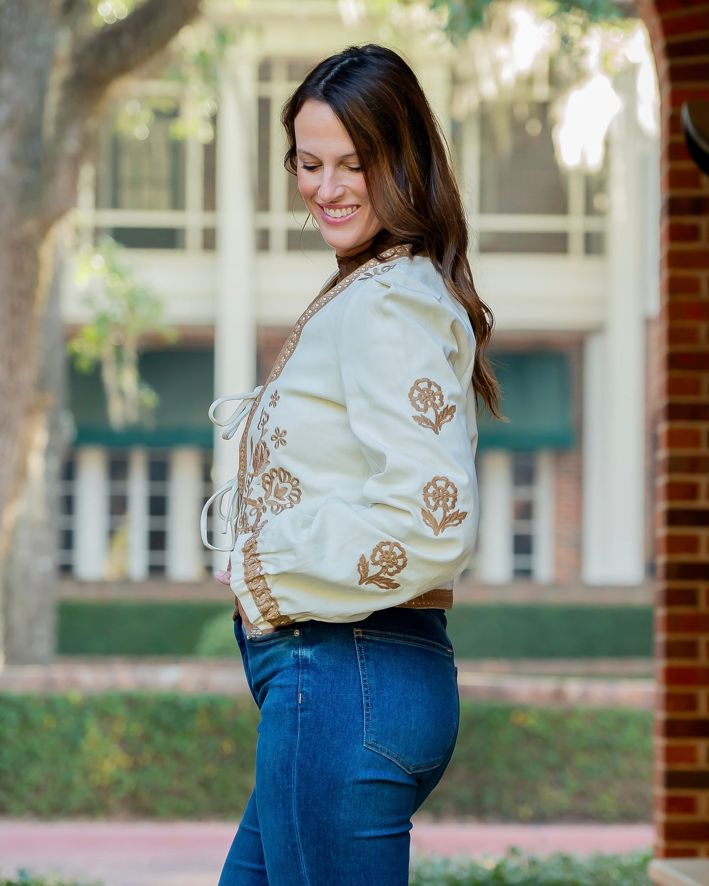 Abbi Ecru Front Tie Embroidered Jacket