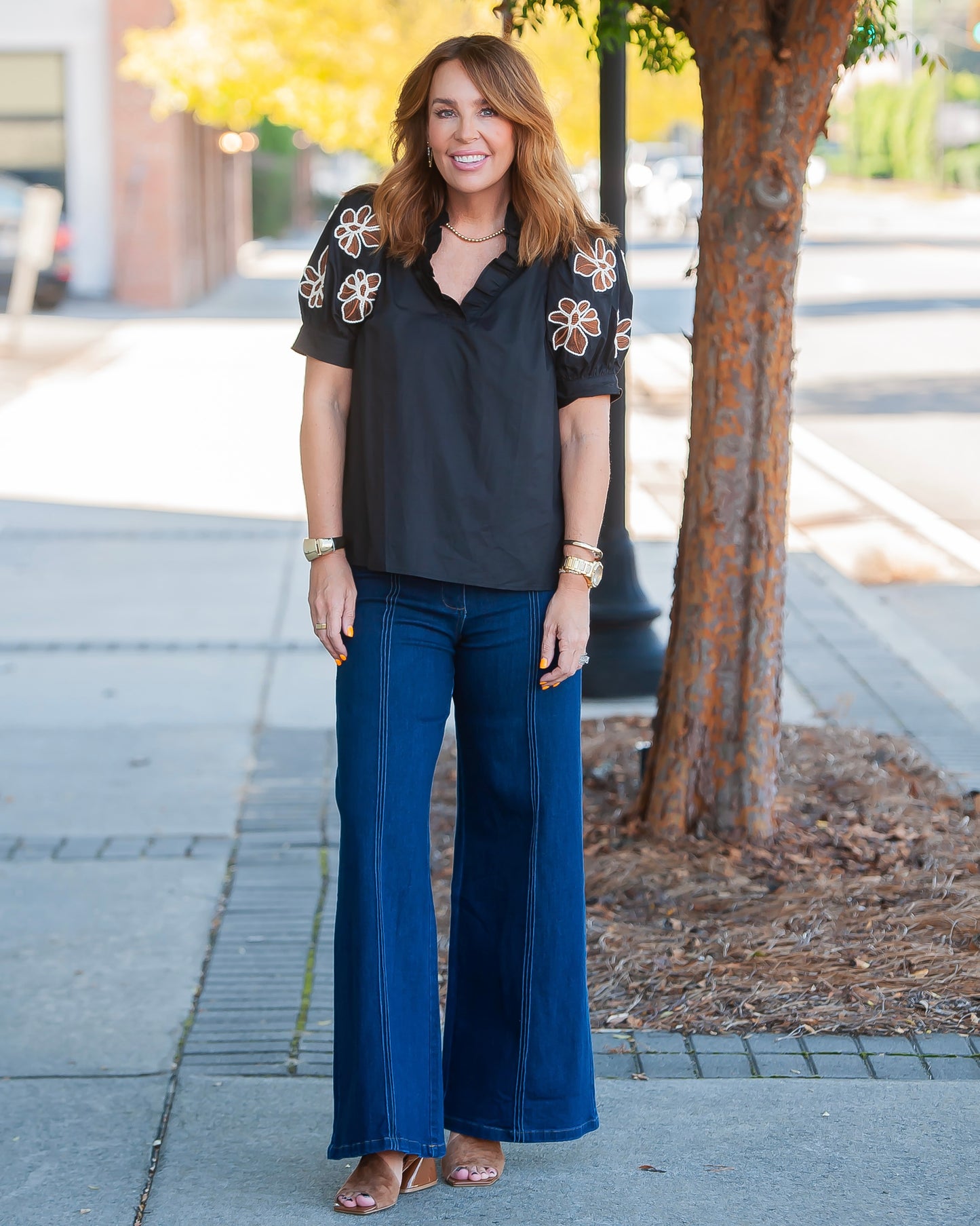 Everly Embroidered Sleeve Top- Black