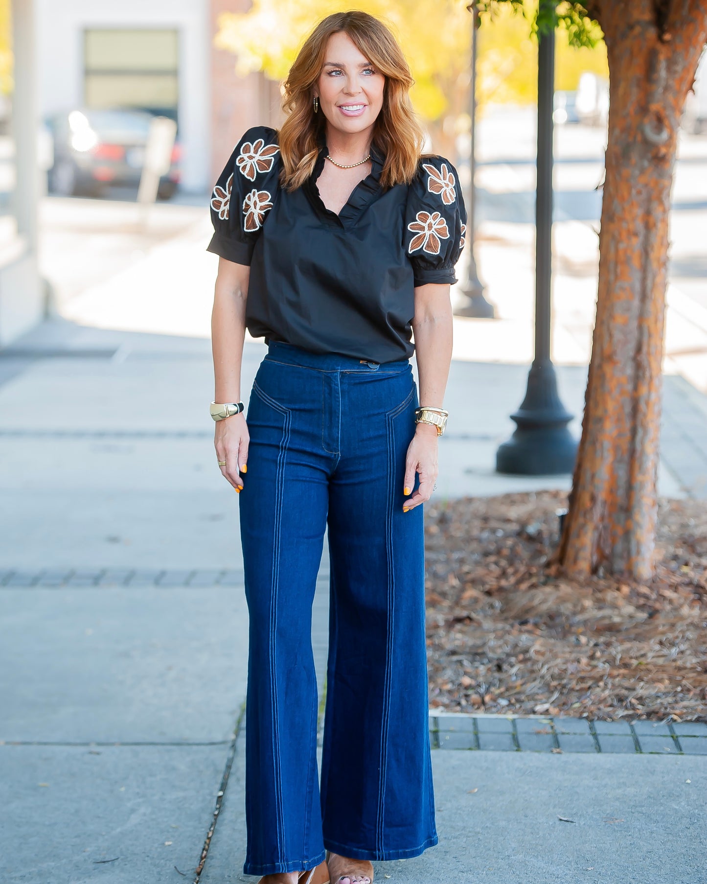 Everly Embroidered Sleeve Top- Black
