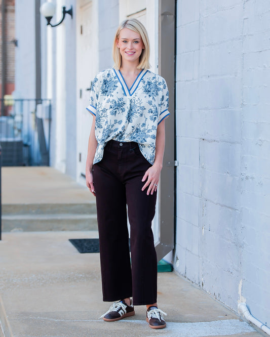 Victorian Floral Print Top- Blue