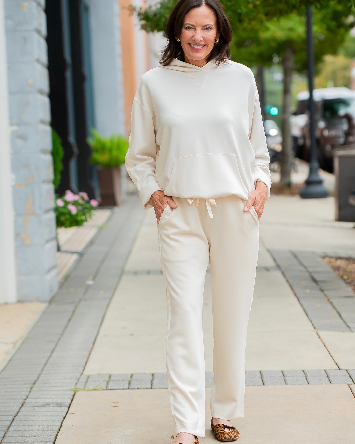 Hudson Satin Trim Hooded Sweatshirt- French Vanilla