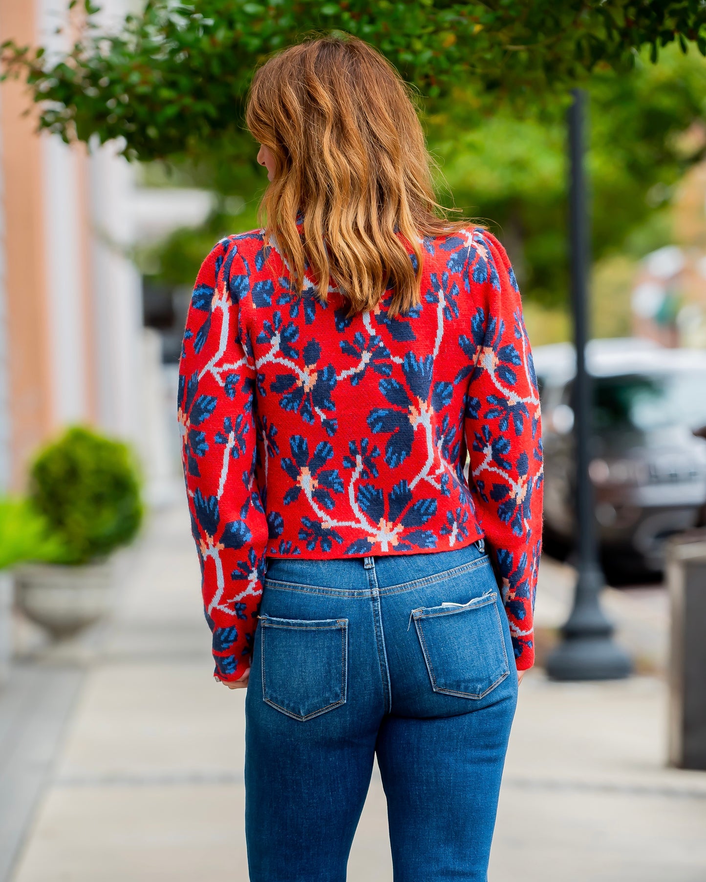 Annabella Floral Print Sweater-Red Navy