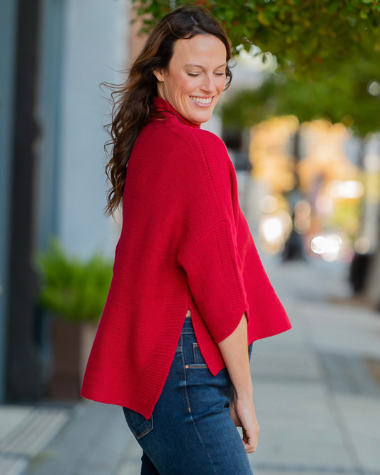 Boho Mock Neck Sweater - Berry Red