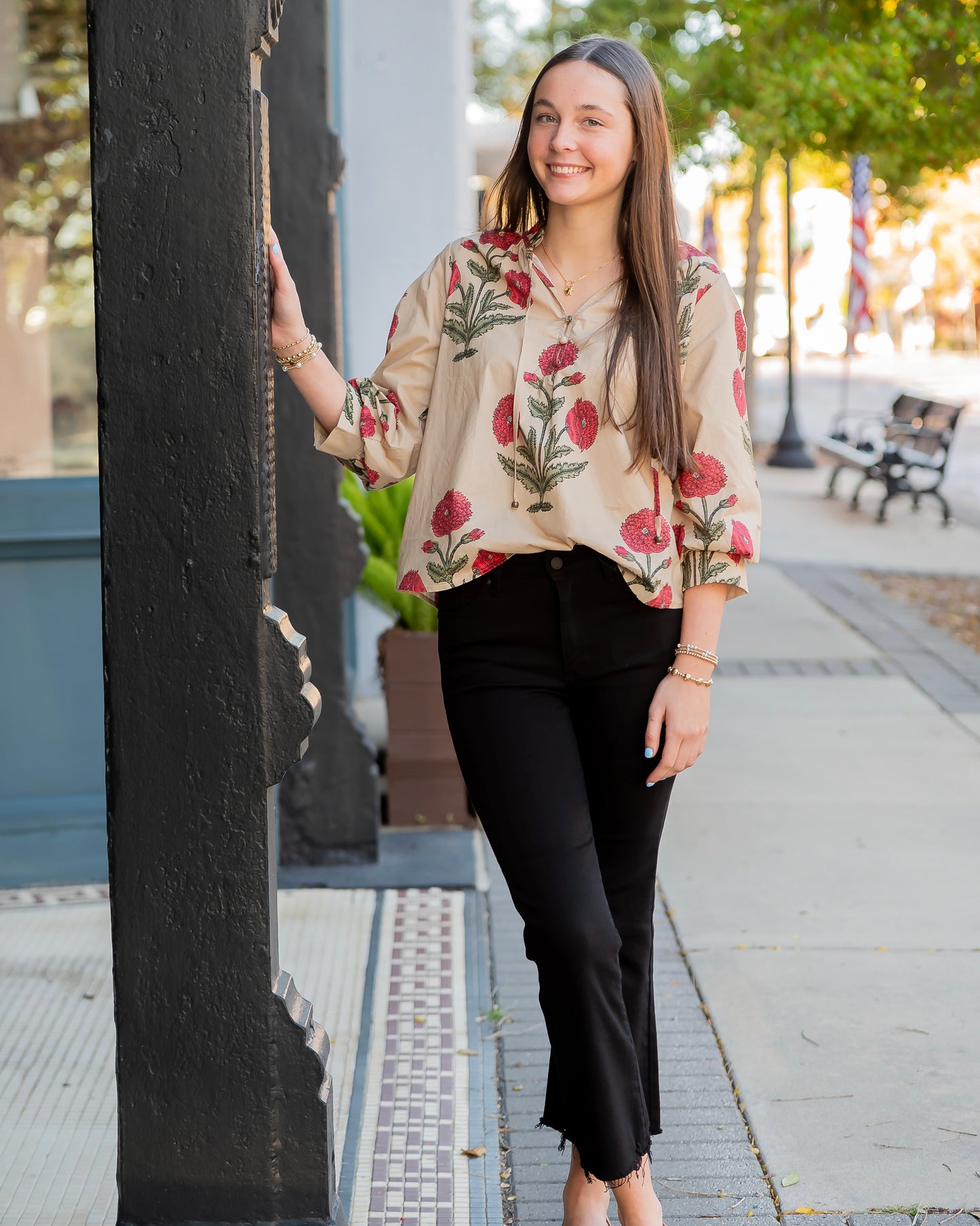 Tennille Floral Tie Neck Top-Ecru