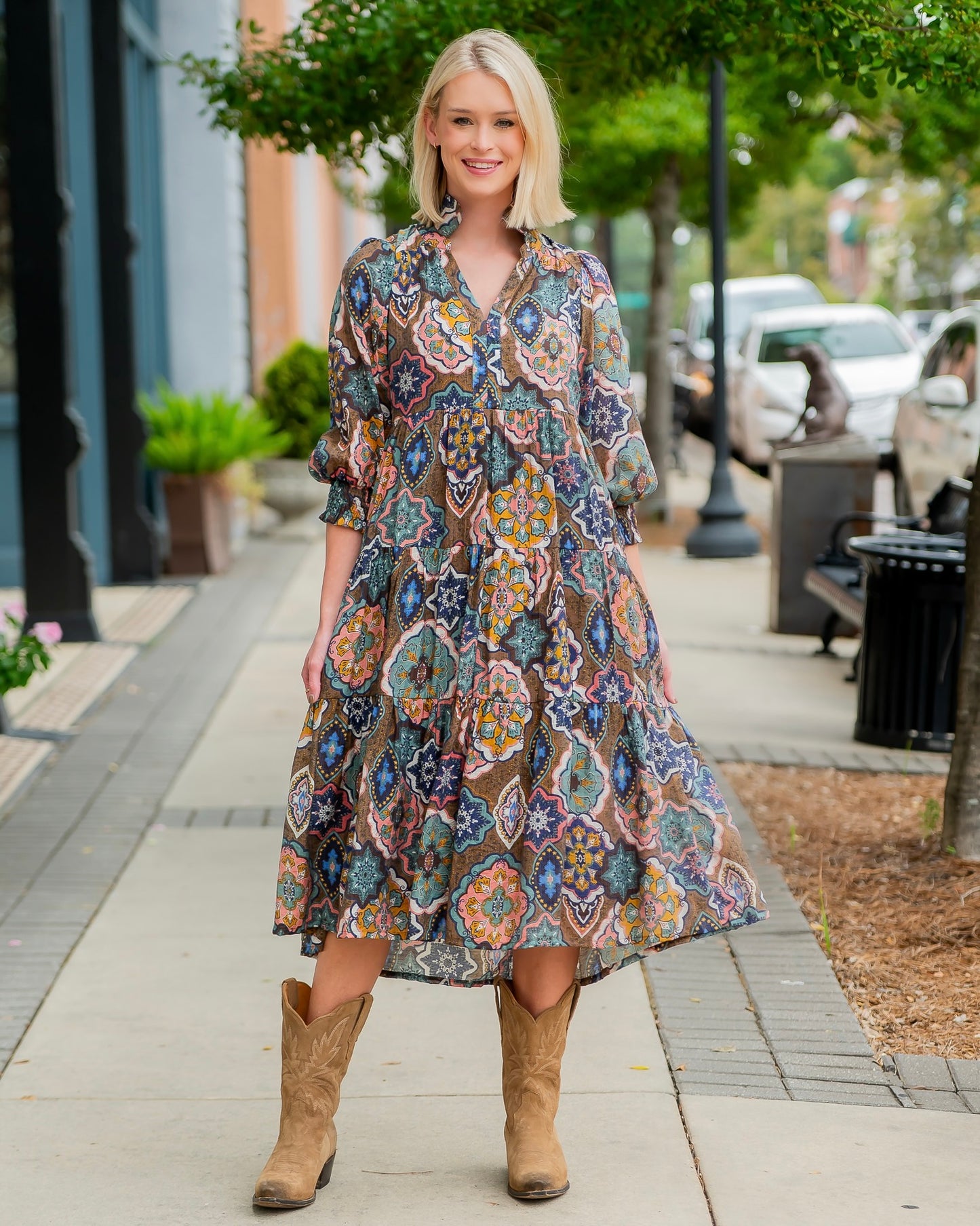 Bryson Boho Printed Midi Dress-Brown