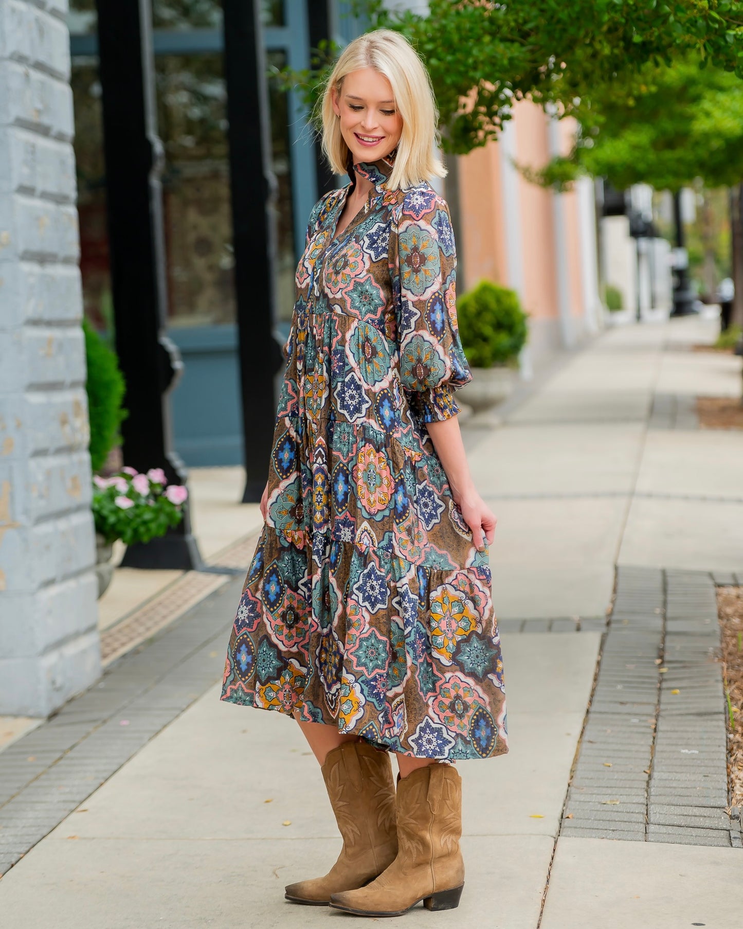 Bryson Boho Printed Midi Dress-Brown