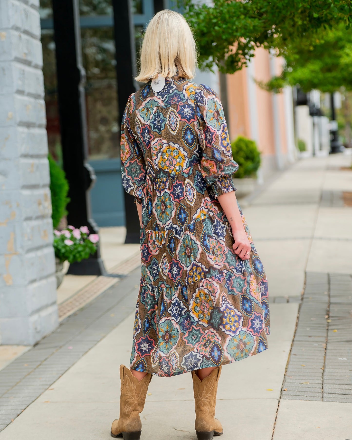 Bryson Boho Printed Midi Dress-Brown