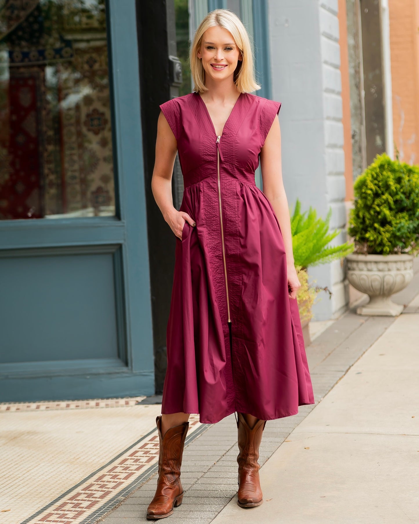 Portland Front Zip Midi Dress-Wine
