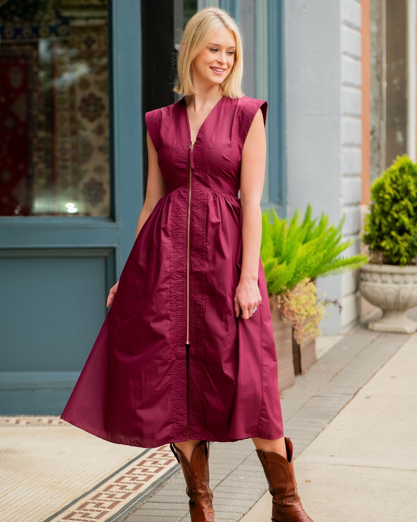 Portland Front Zip Midi Dress-Wine