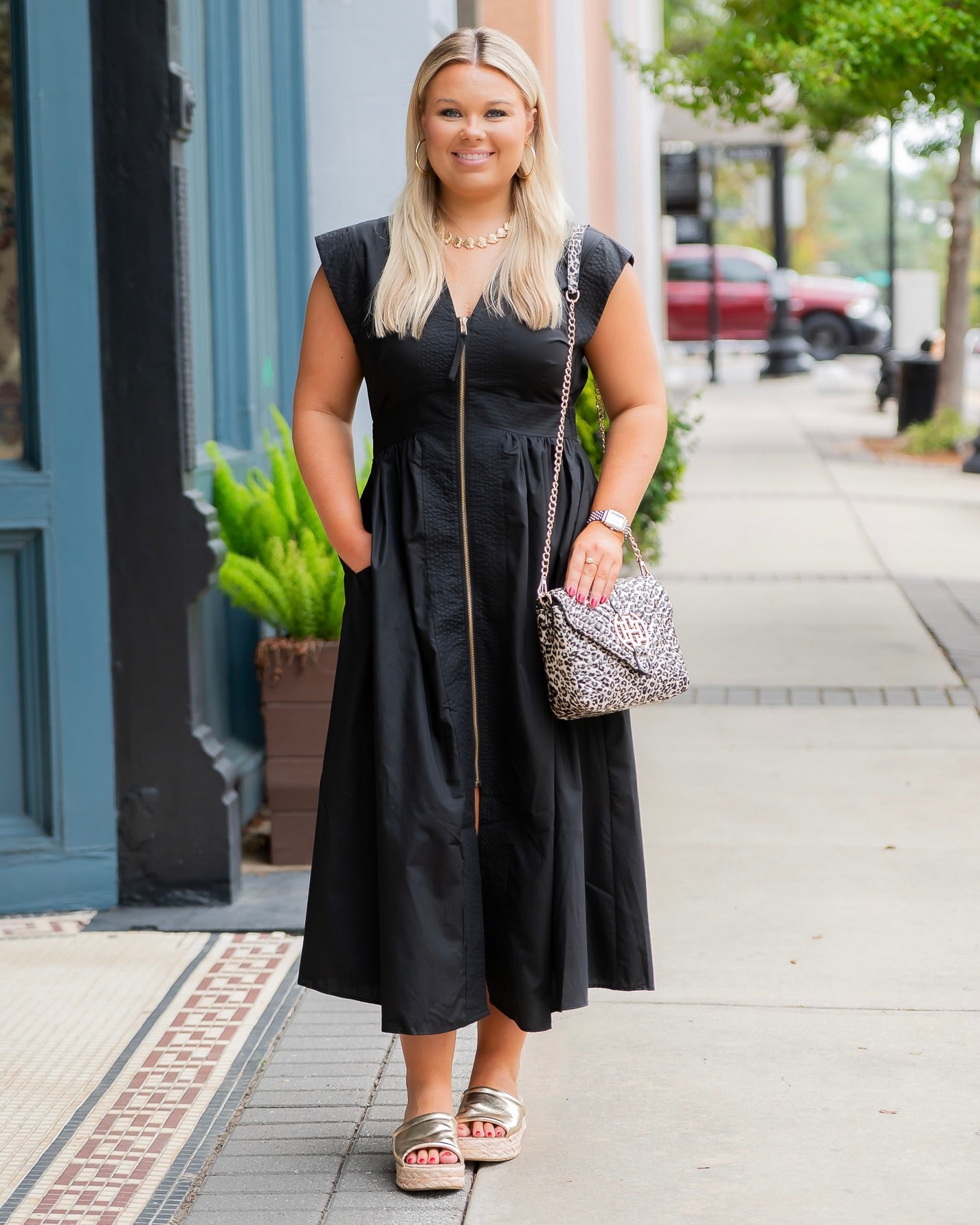 Portland Front Zip Midi Dress-Black
