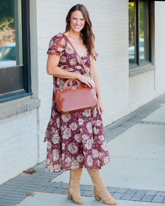 Fall Vibes Burgundy Floral Print Midi Dress