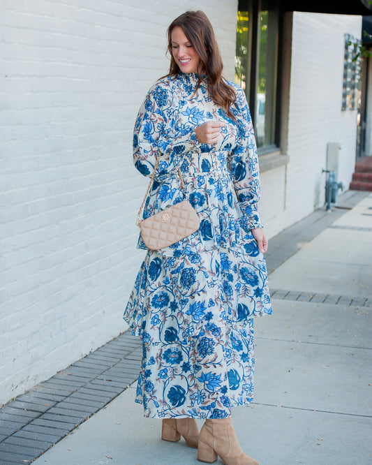 Brasher Blue Floral Print Maxi Dress