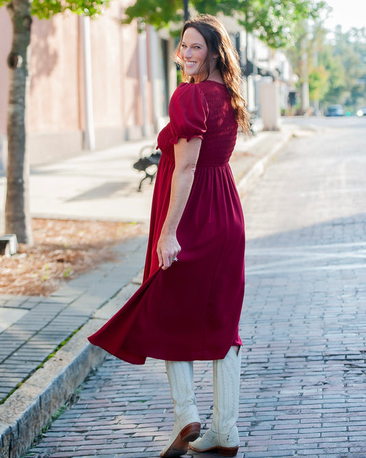 Pretty Girl Deep Red Front Tie Midi Dress