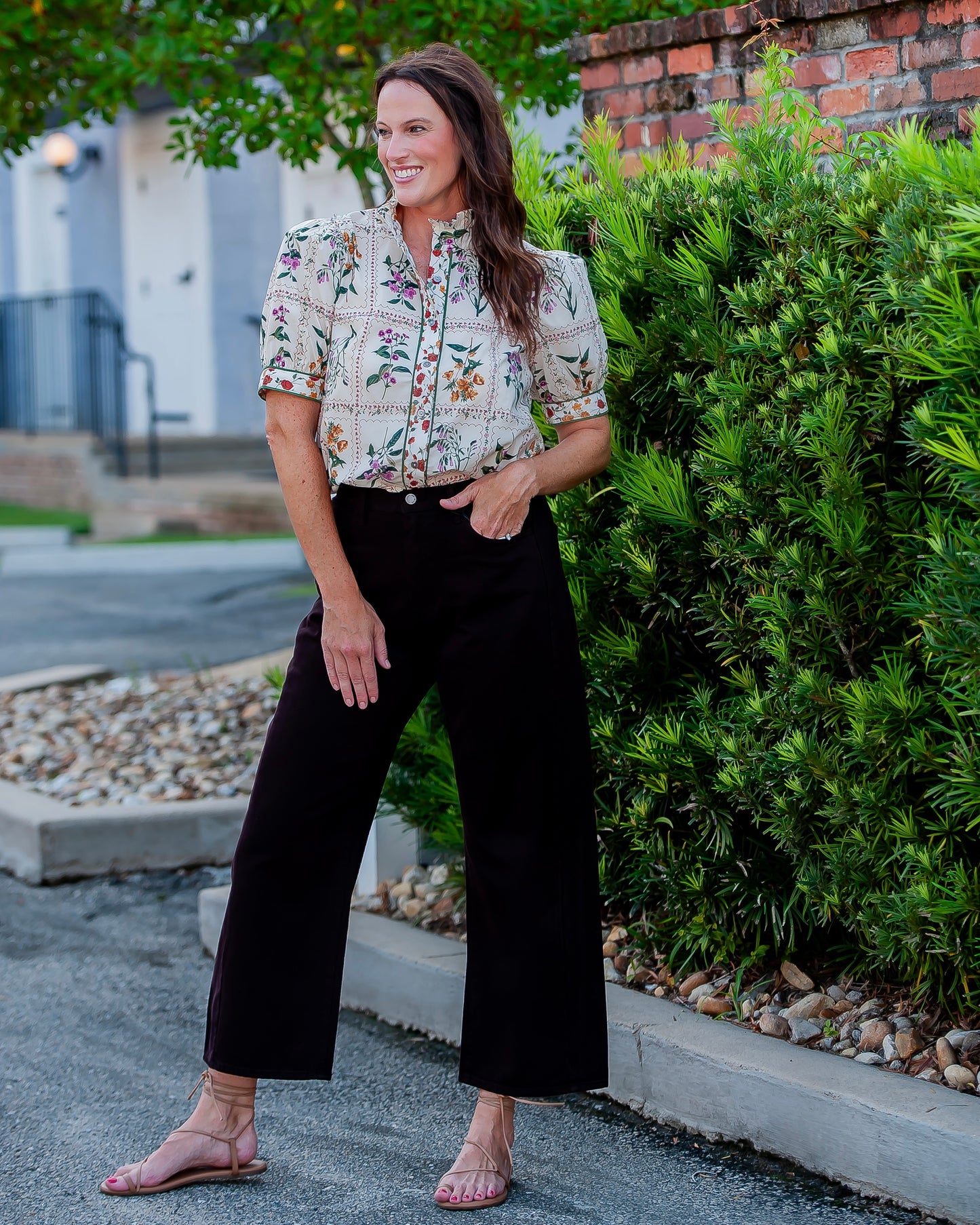Melody Ecru Floral Print Button Front Top