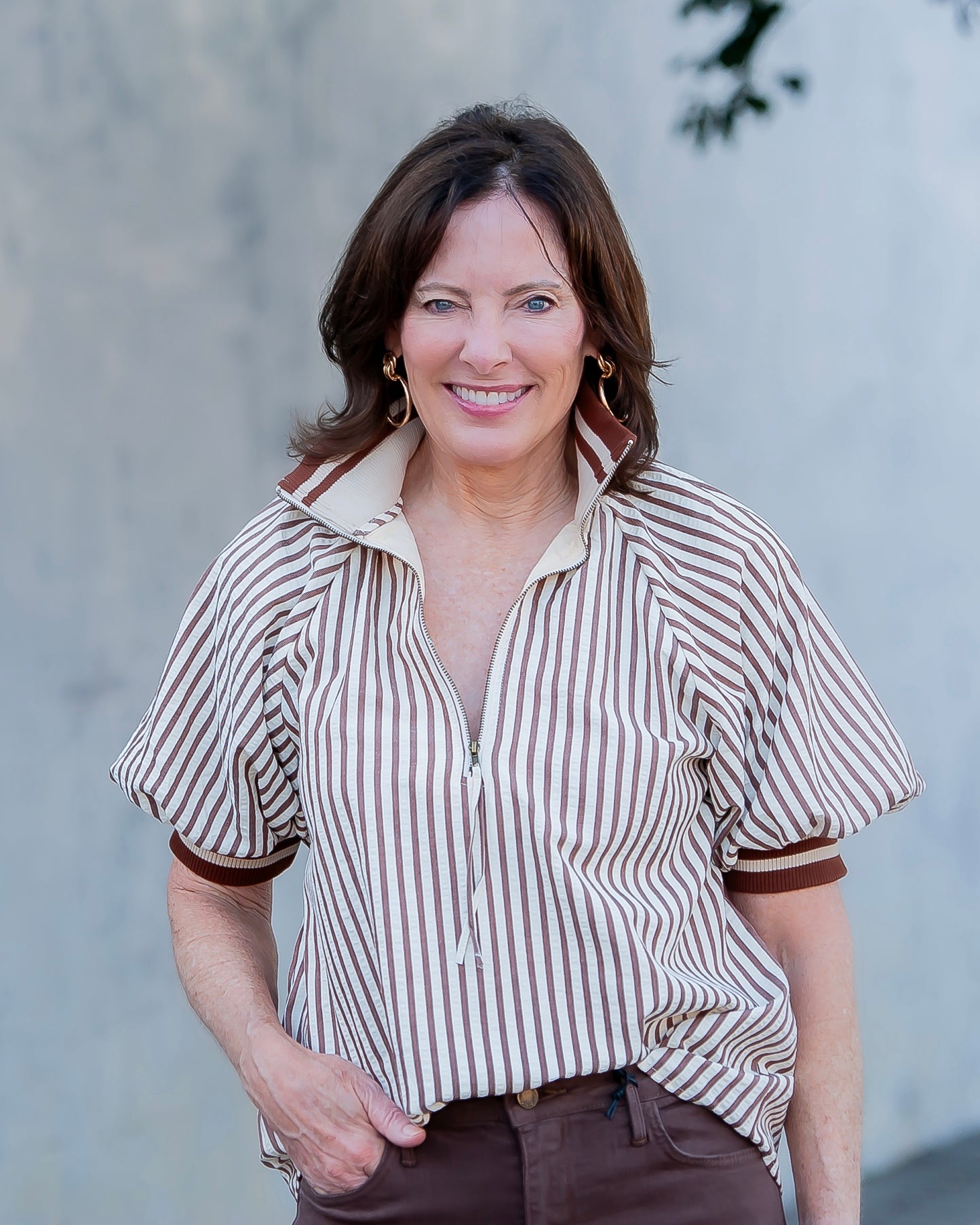 Mattie Stripe Zip-up Top- Caramel
