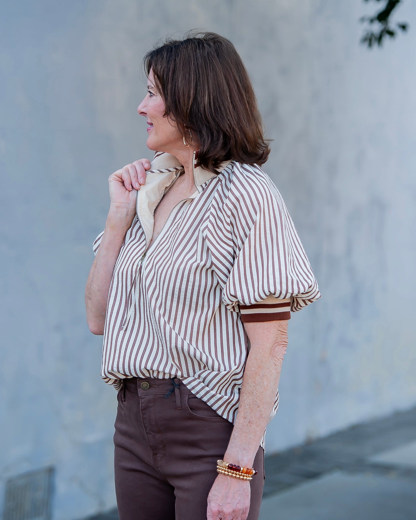 Mattie Stripe Zip-up Top- Caramel