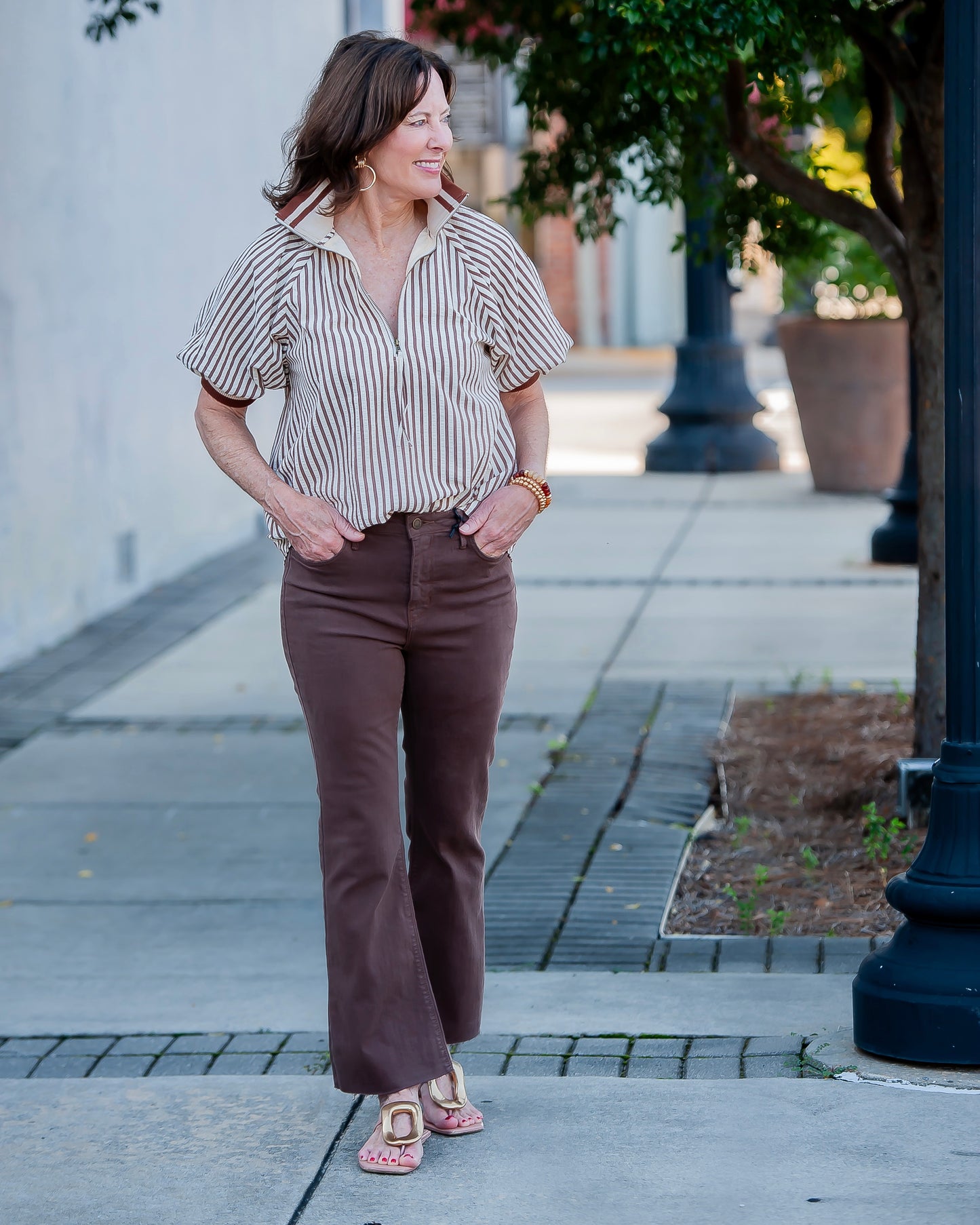 Mattie Stripe Zip-up Top- Caramel