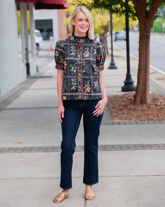 Melody Black Floral Print Button Front Top