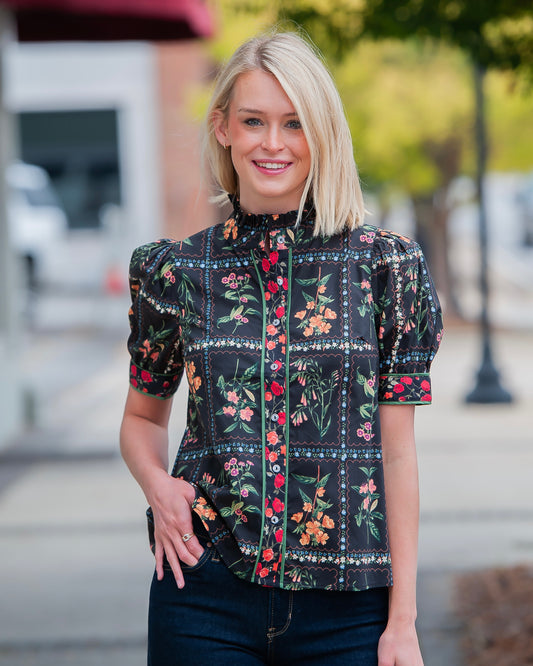 Melody Black Floral Print Button Front Top