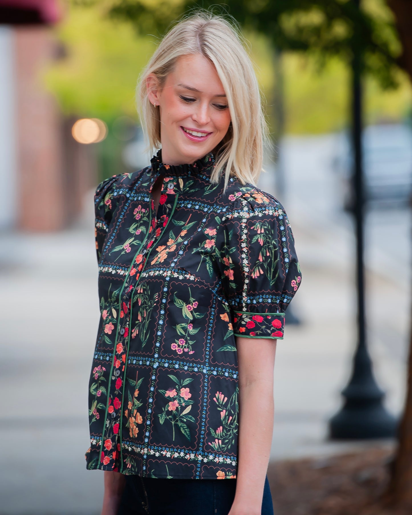 Melody Black Floral Print Button Front Top
