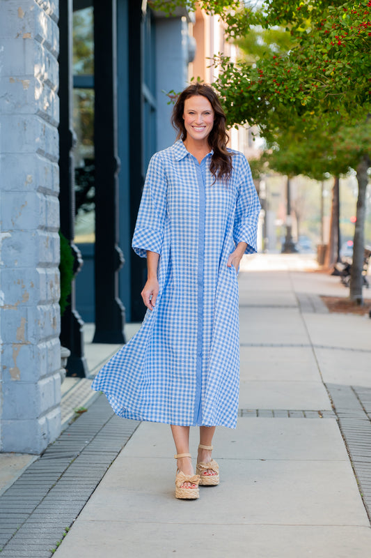 Arrow Gingham 3/4 Sleeve Midi Dress