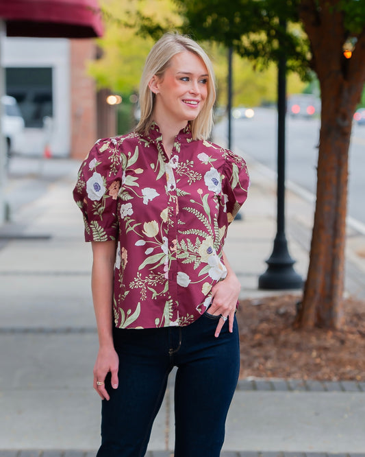 Fall Flowers Merlot Floral Print Top