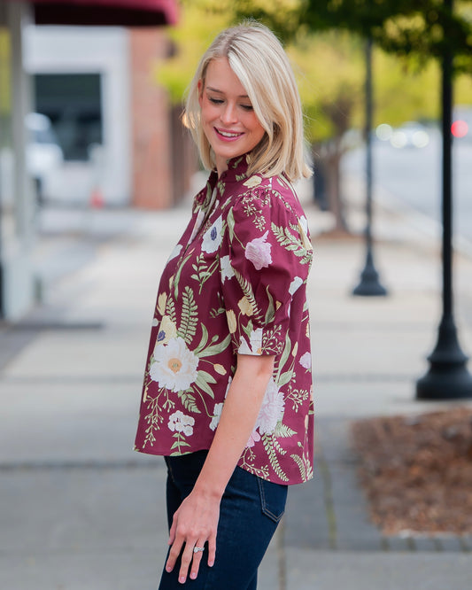 Fall Flowers Merlot Floral Print Top
