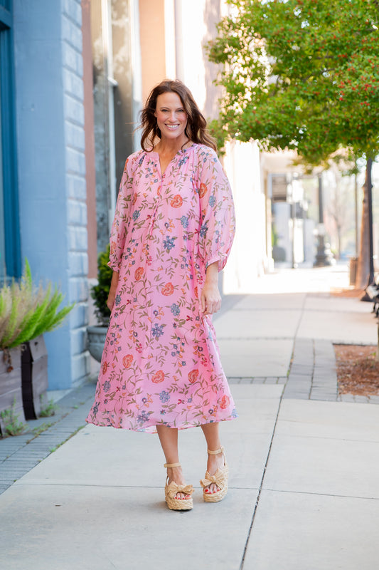 Zelda Floral Print Long Sleeve Midi Dress-Pink