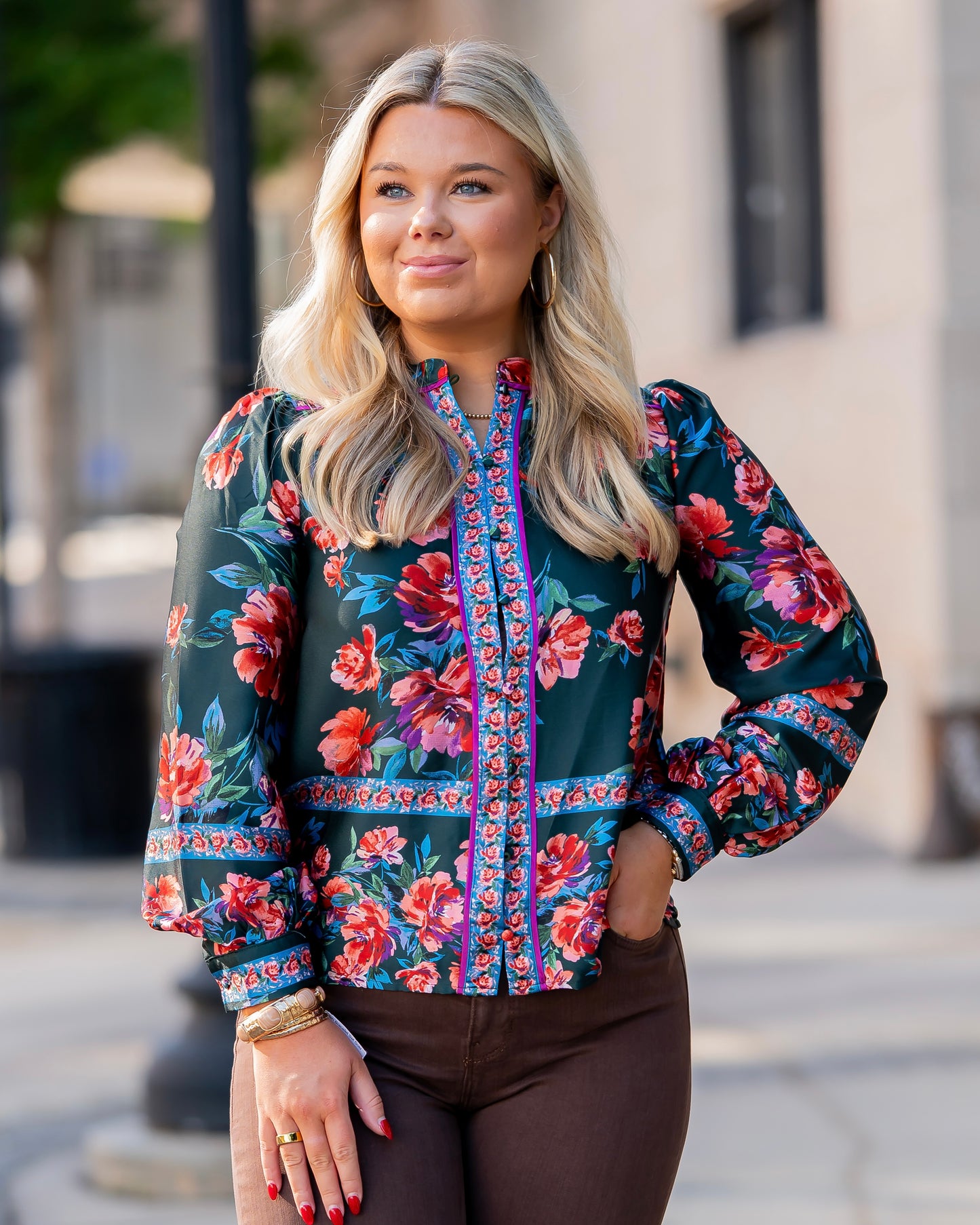 Francine Floral Top in Hunter Green