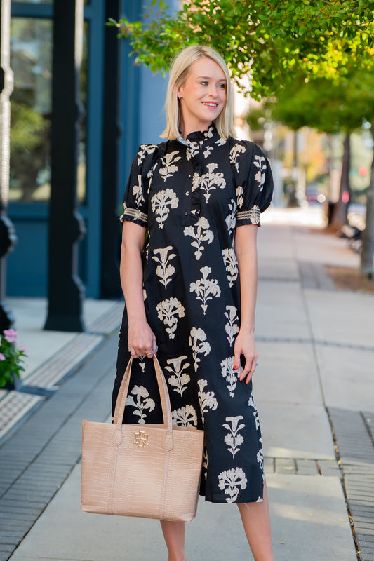 Macon Floral Print Dress- Black