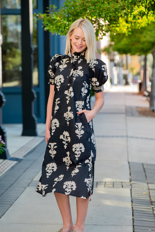 Macon Floral Print Dress- Black