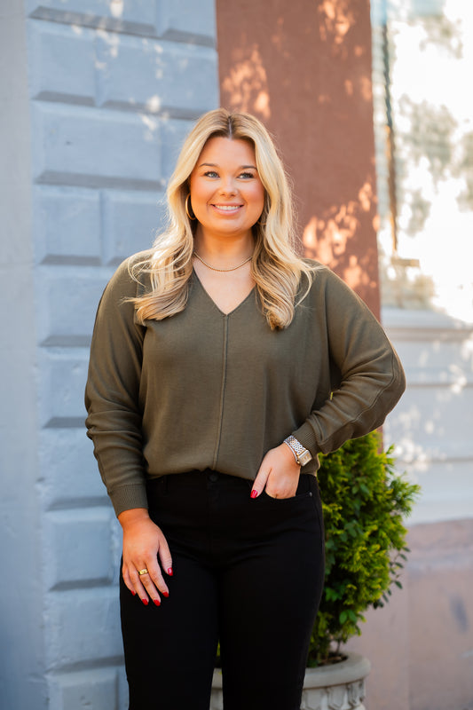 Lora V-Neck Sweater-Olive
