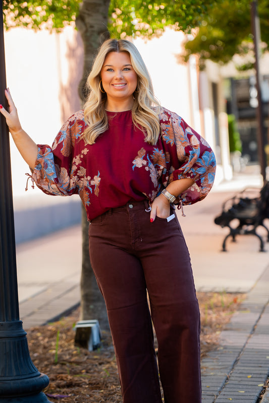 Wells 3/4 Sleeve Top-Burgundy
