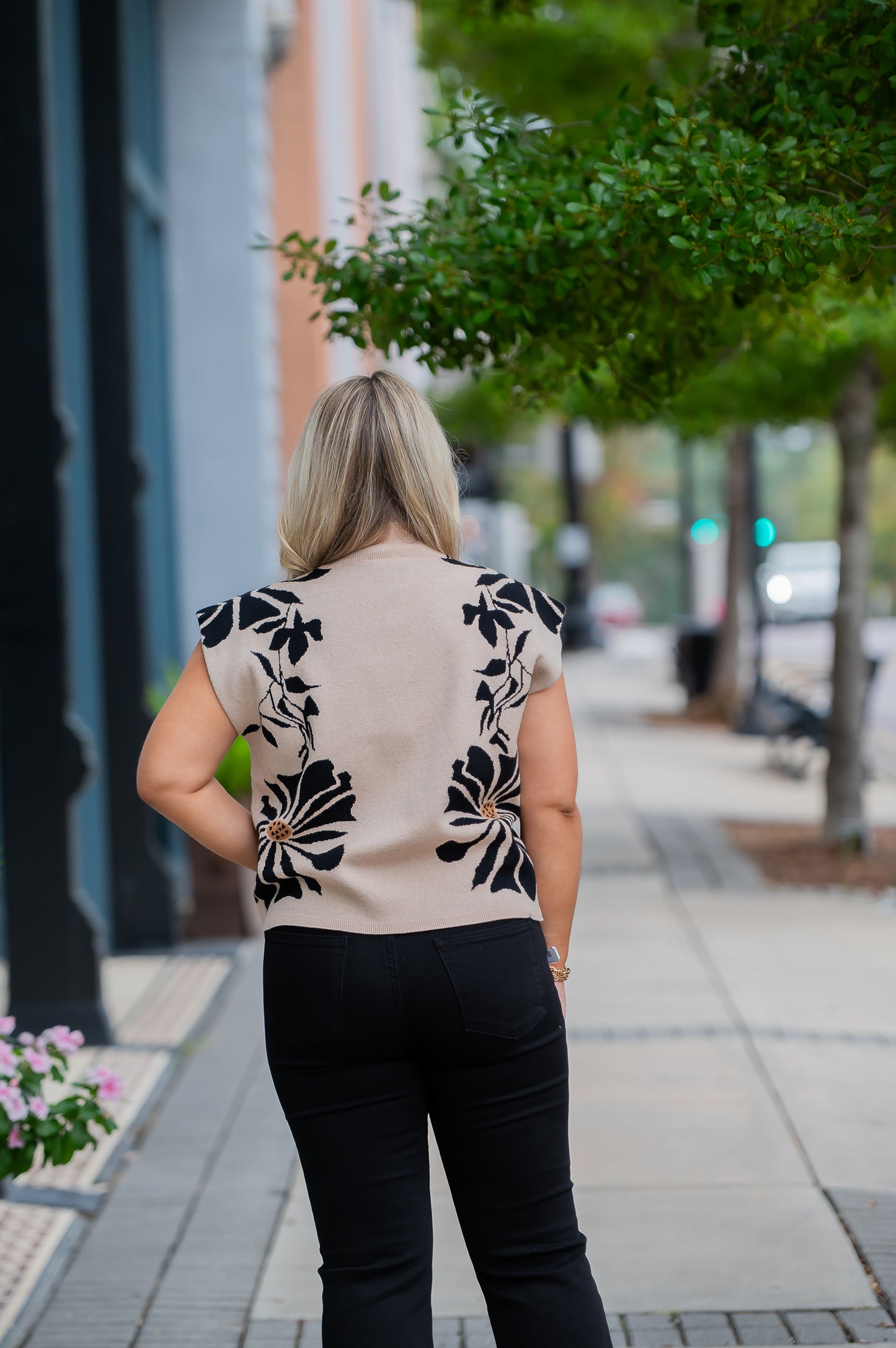 Talley Tan Sleeveless Floral Sweater