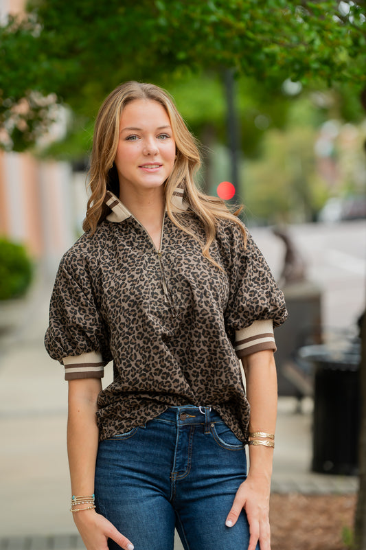Lunette Leopard Puff Sleeve Top- Mocha