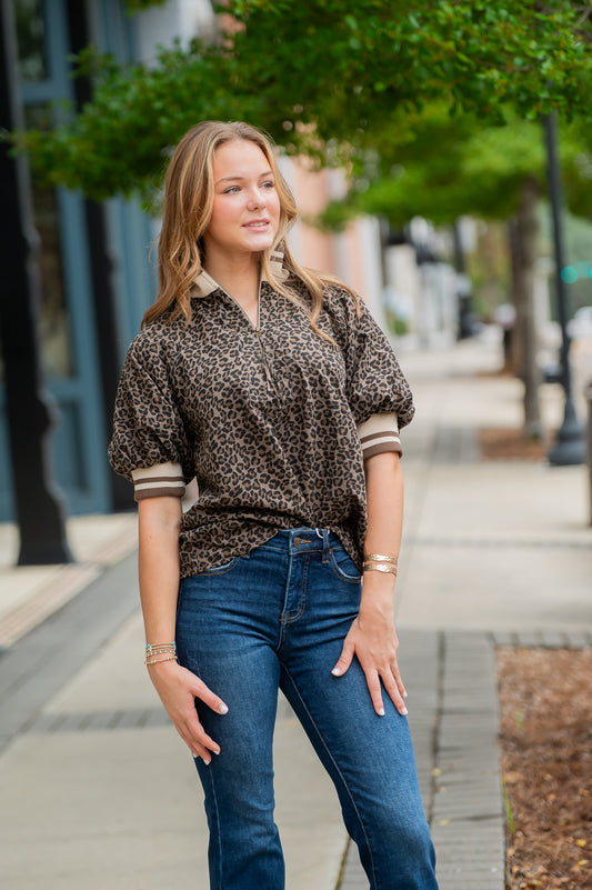 Lunette Leopard Puff Sleeve Top- Mocha