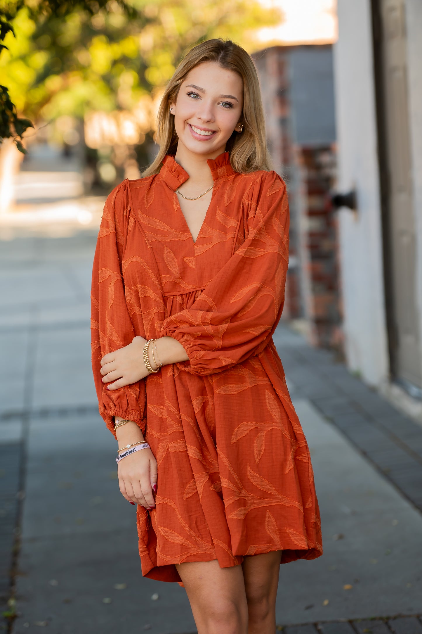 Steffi Jacquard Ruffle Neck Dress- Rust