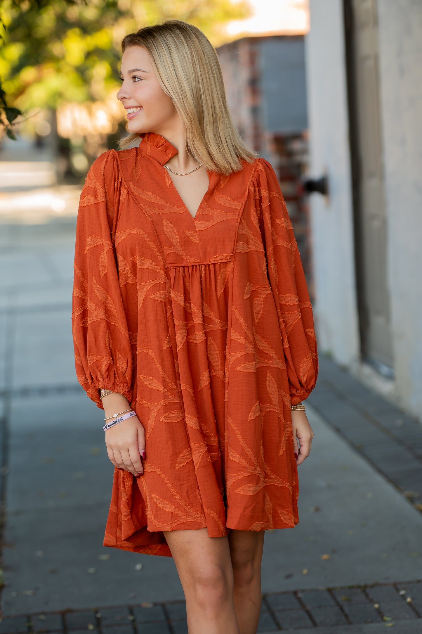 Steffi Jacquard Ruffle Neck Dress- Rust