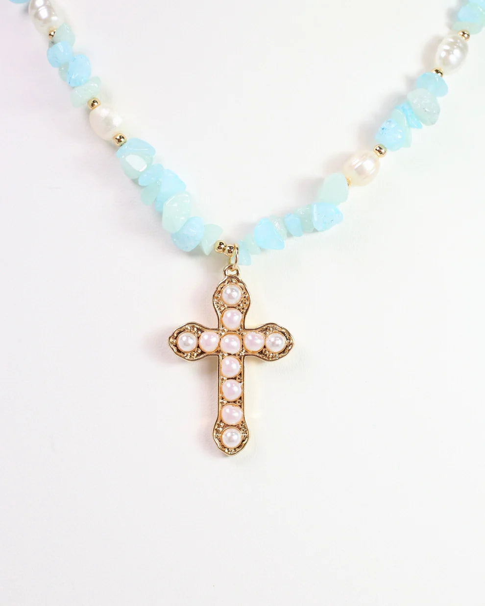 Ankara Mixed Bead Cross Necklace Gold
