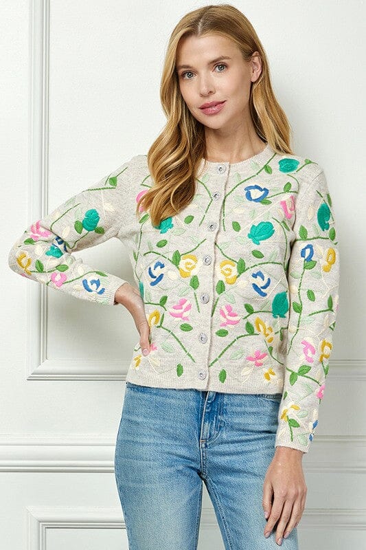Want it That Way Oatmeal Embroidered Detail Cardigan - Caroline Hill