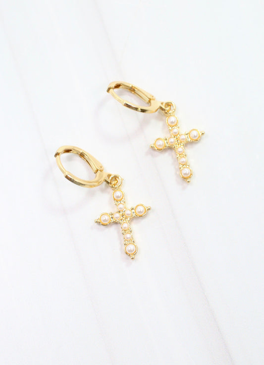 Ritchie Pearl Cross Earring Gold