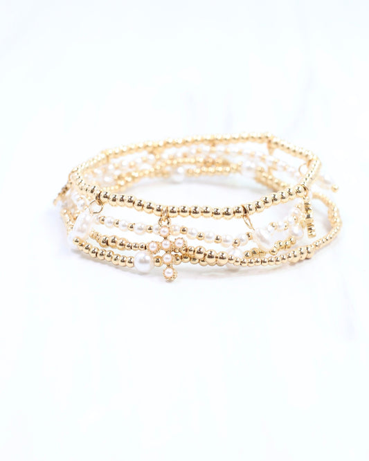 Olympia Pearl and Cross Stretch Bracelet Set Gold