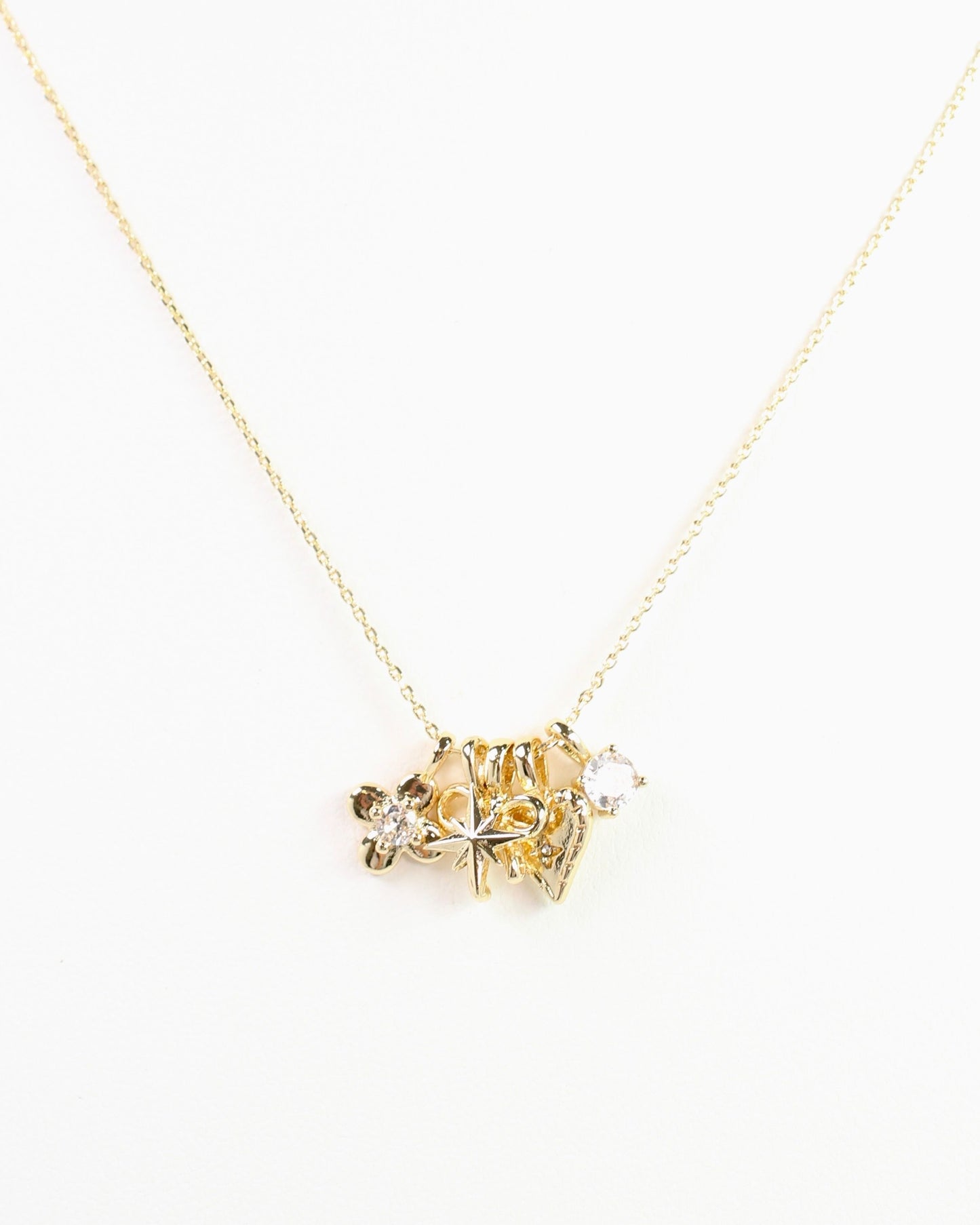 Flower, Bow and Heart Charm Necklace Set Gold