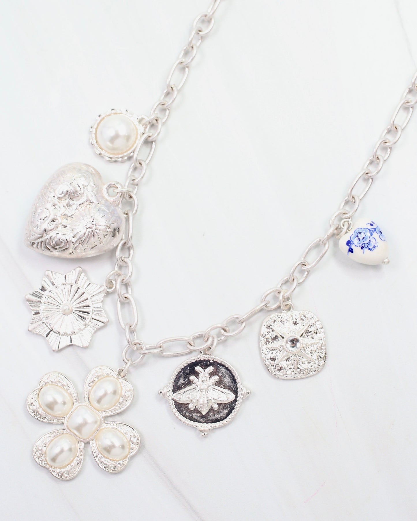 Verona Pearl Charm Necklace Worn Silver