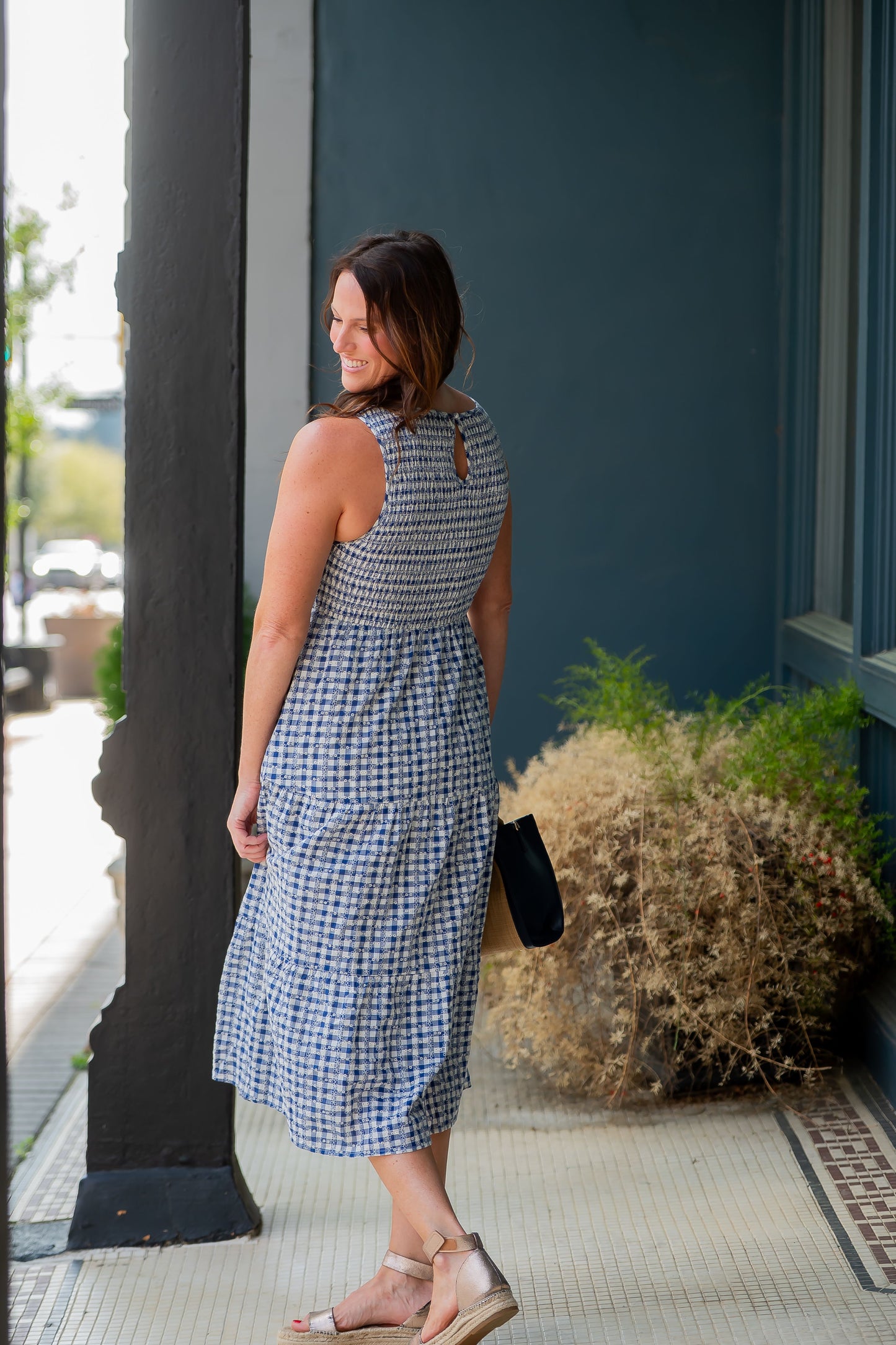 Lois Sleeveless Gingham Print Dress-Navy