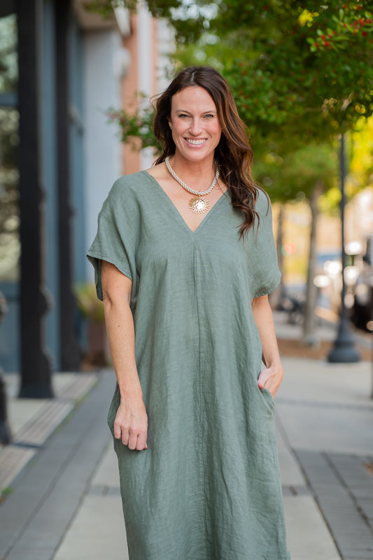 Thea Linen V-Neck Caftan Dress