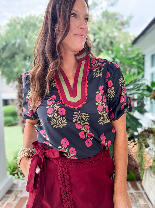 Avera Floral Print Top-Black