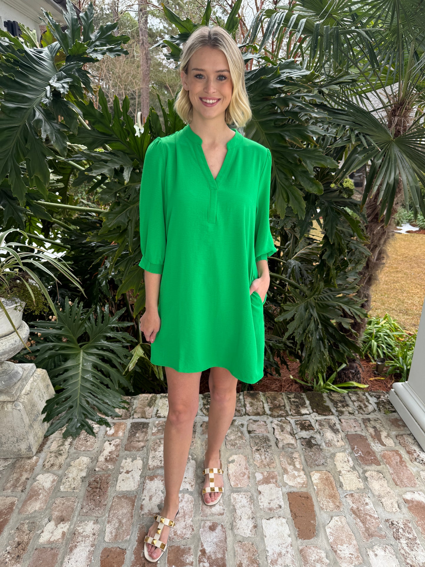 Cheerful Cobalt Green Peasant Sleeve Dress