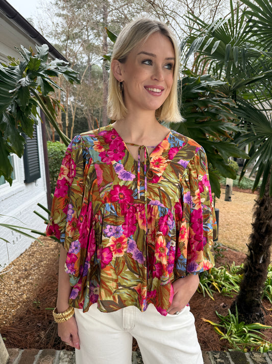 Olive Floral Garden Print Top