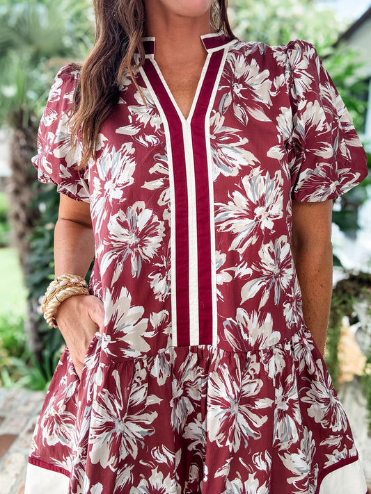 Dutton Garnet Floral Print Bubble Sleeve Dress